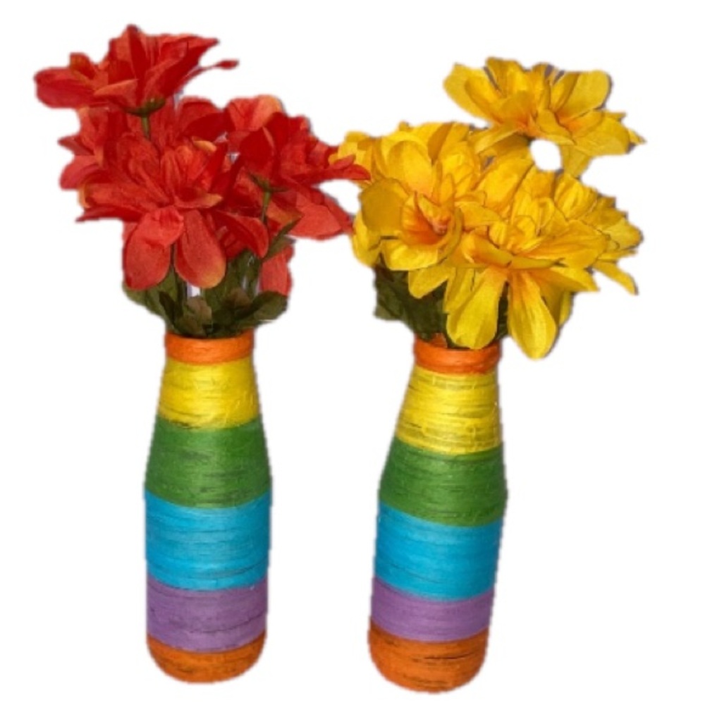 RAINBOW PRIDE Wrapped Colorful Glass Vases and Flowers 6 inches Tall Set of 2